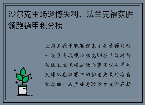 沙尔克主场遗憾失利，法兰克福获胜领跑德甲积分榜